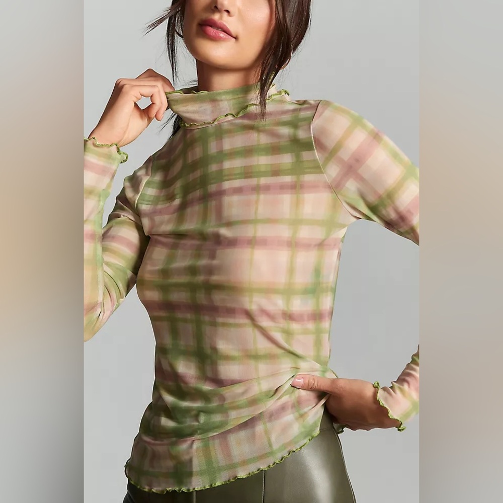 Pilcro by Anthropologie Plaid Mesh Mock Turtleneck